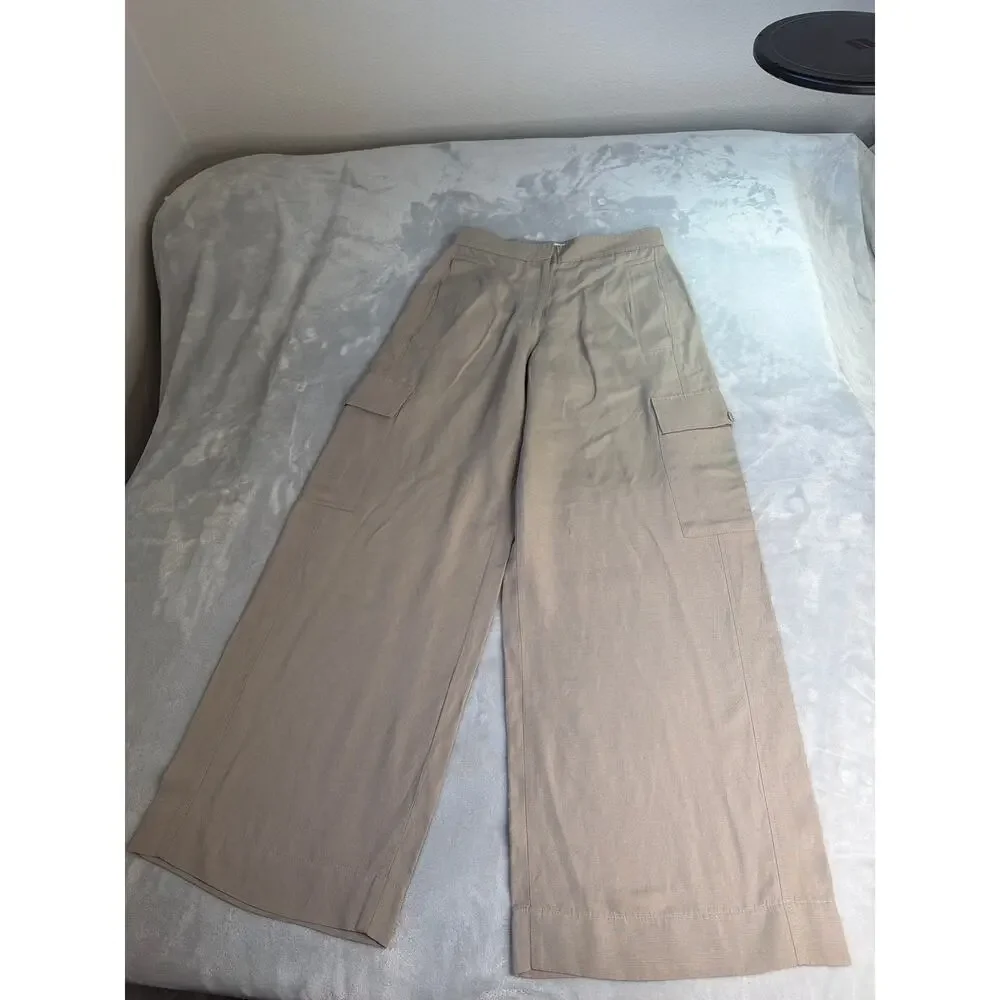 COS Linen Cargo Pants Womens 38 US 8 Stone Beige Wide Leg High Waisted Trouser